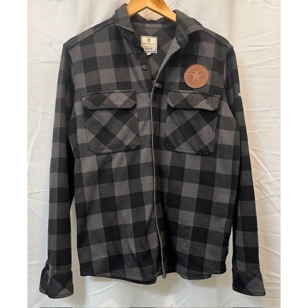 Born Primitive Flannel Shirt Mens SM Blk/Gre Woodsman Stretchy Plaid Long Sleeve